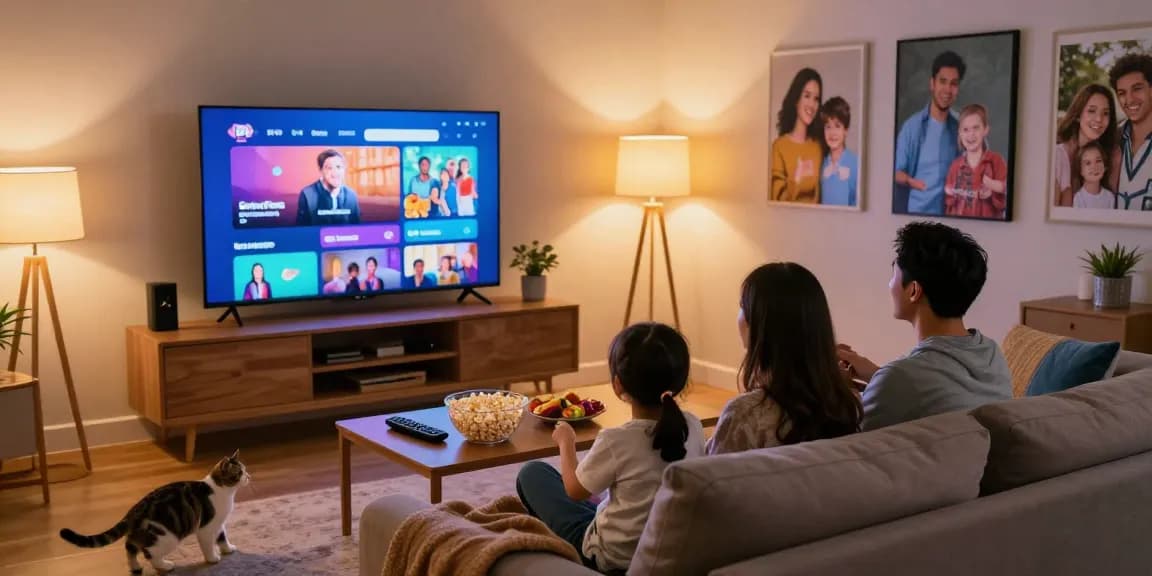 Família assistindo IPTV do bestbraziliptv em um aconchegante ambiente de entretenimento em casa.