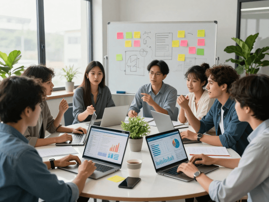 Estrategia de marketing multicanais com equipe colaborando em escritório moderno.