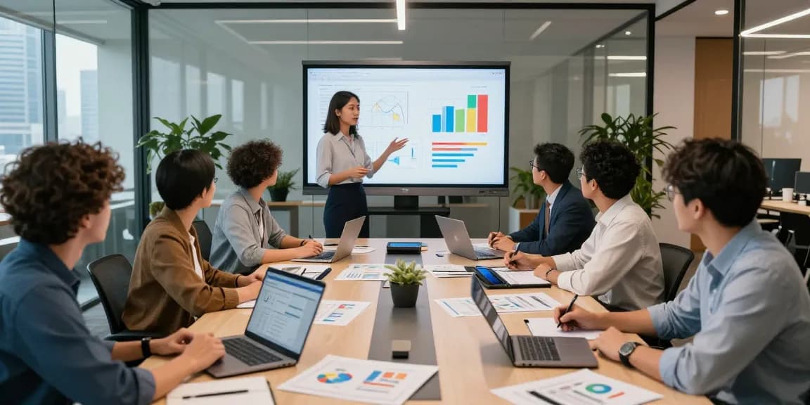 A collaborative meeting scene showcasing the WPS Official Website with professionals engaging over digital project designs in a modern office setting.
