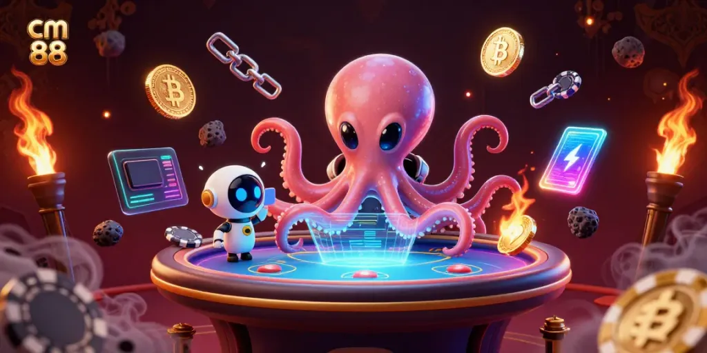 Engage in the thrilling world of cm 88 with this vibrant 3D octopus running a holographic poker table.