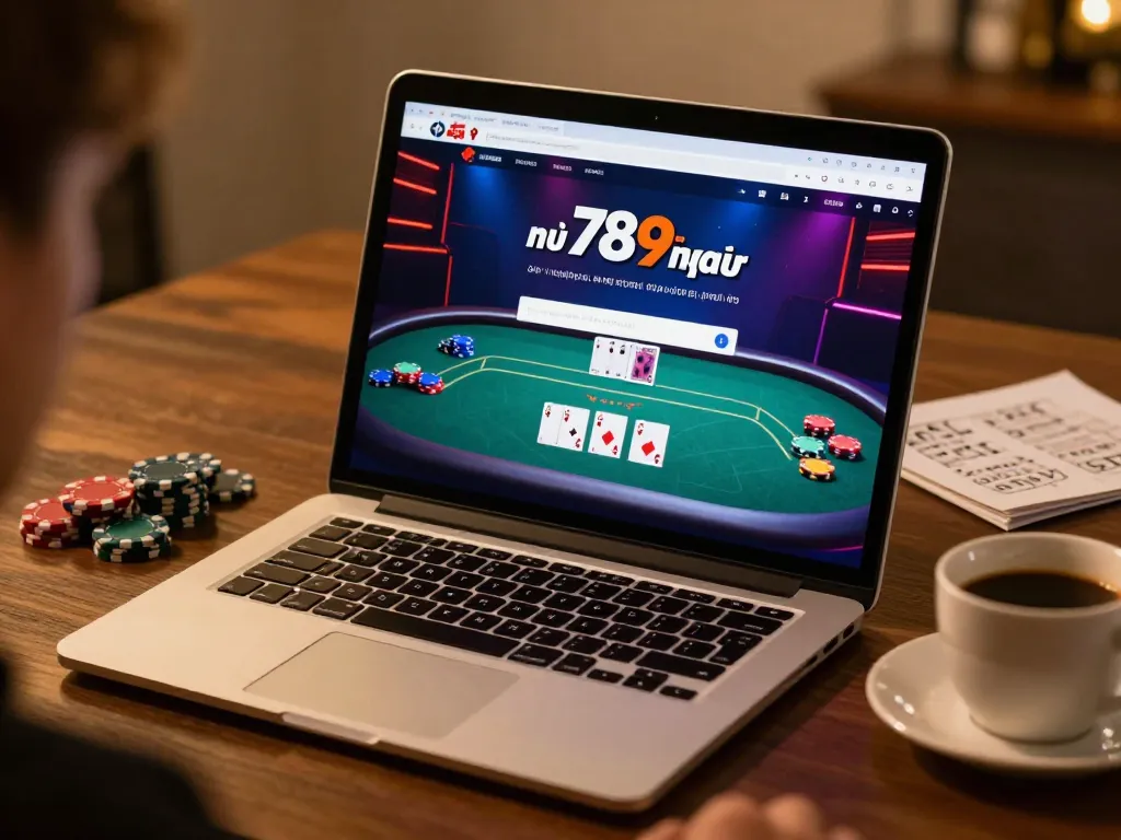 Engaging online gaming setup with the 789bet link mới nhất visible on the laptop screen, showcasing responsible gambling