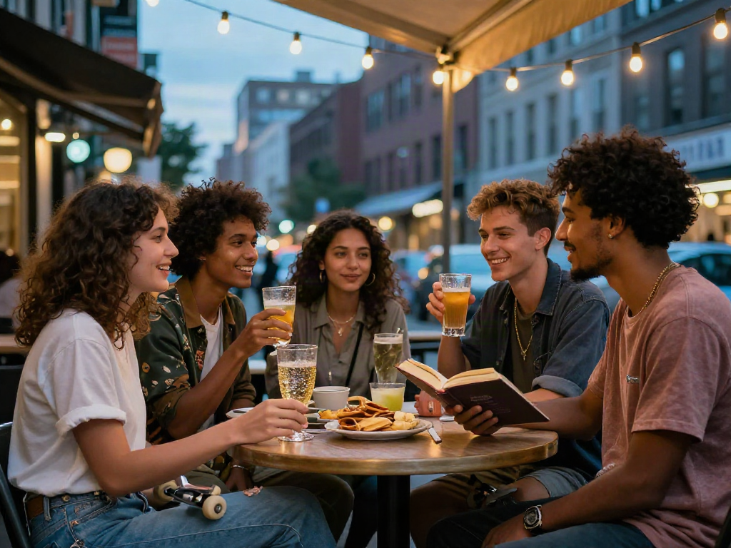 Friends enjoying a night out at an outdoor cafe, celebrating rokok88 lifestyle, vibrant atmosphere.