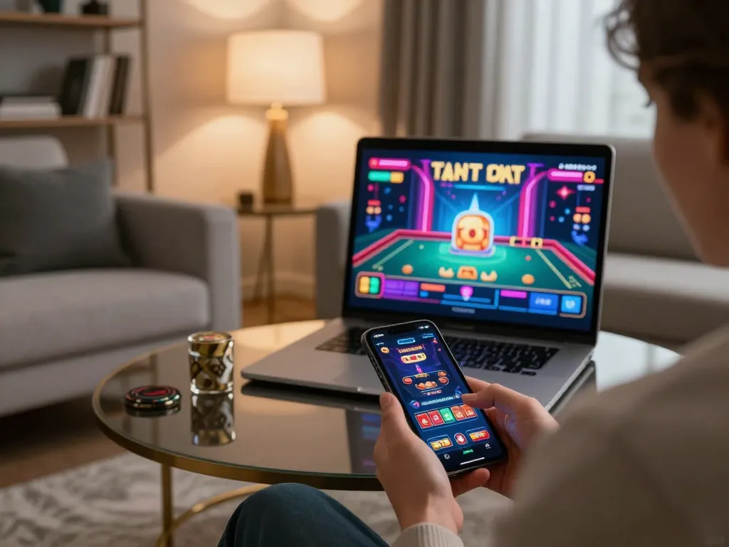 Enjoy engaging with U888 casino app on smartphone in a stylish home setting.