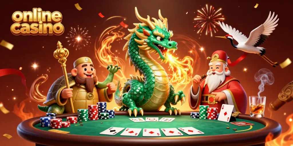 Experience the magic of an online casino with this vibrant 3D illustration, showcasing dragons and legendary symbols.