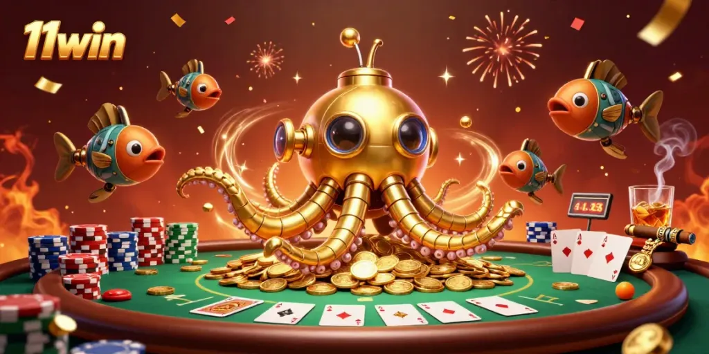 Experience thrilling gameplay with 11win as a golden kraken submarine navigates through golden coins and poker elements.