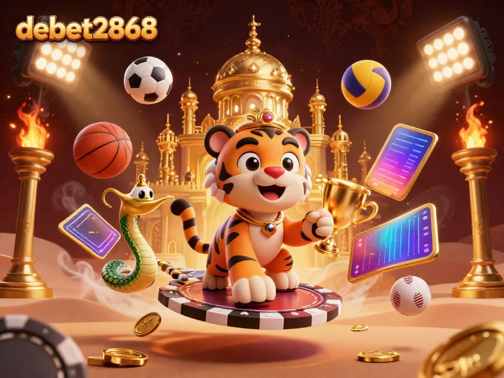 Engage in thrilling action with debet2868 as a cartoon tiger sultan on a magical carpet surrounded by sports elements.