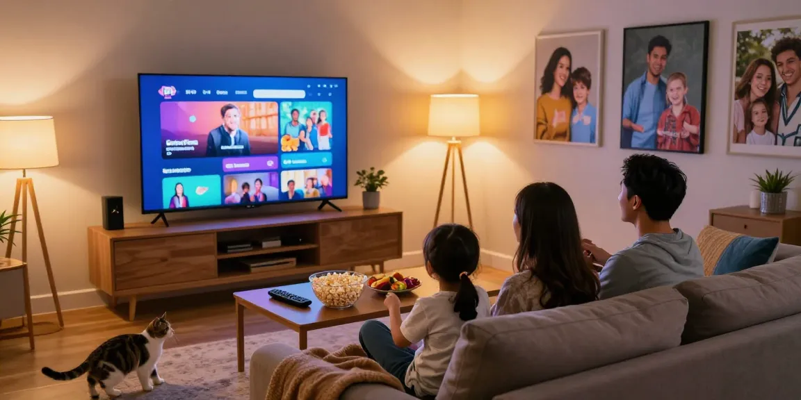 Família assistindo IPTV do bestbraziliptv em um aconchegante ambiente de entretenimento em casa.