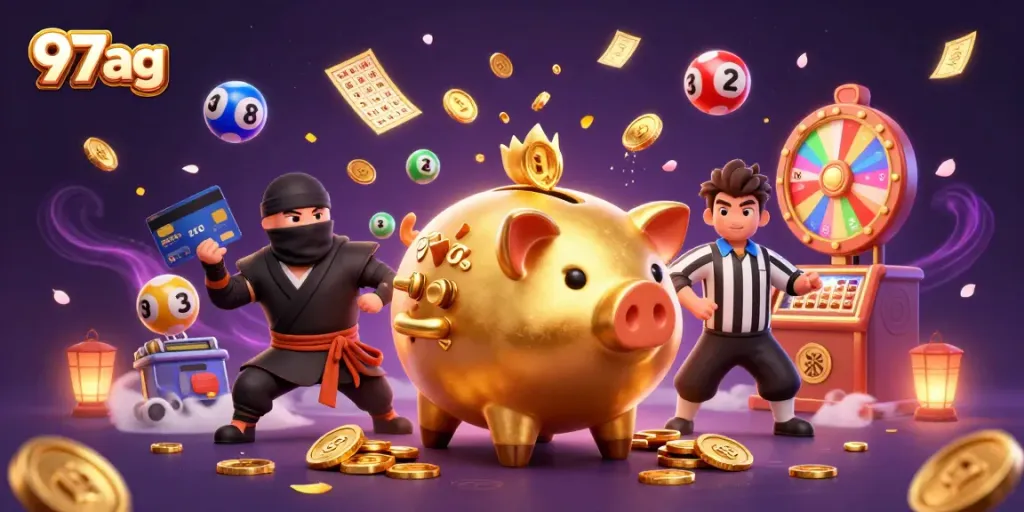 Experience the excitement of 97ag with a dynamic 3D casino scene filled with vibrant gambling elements.