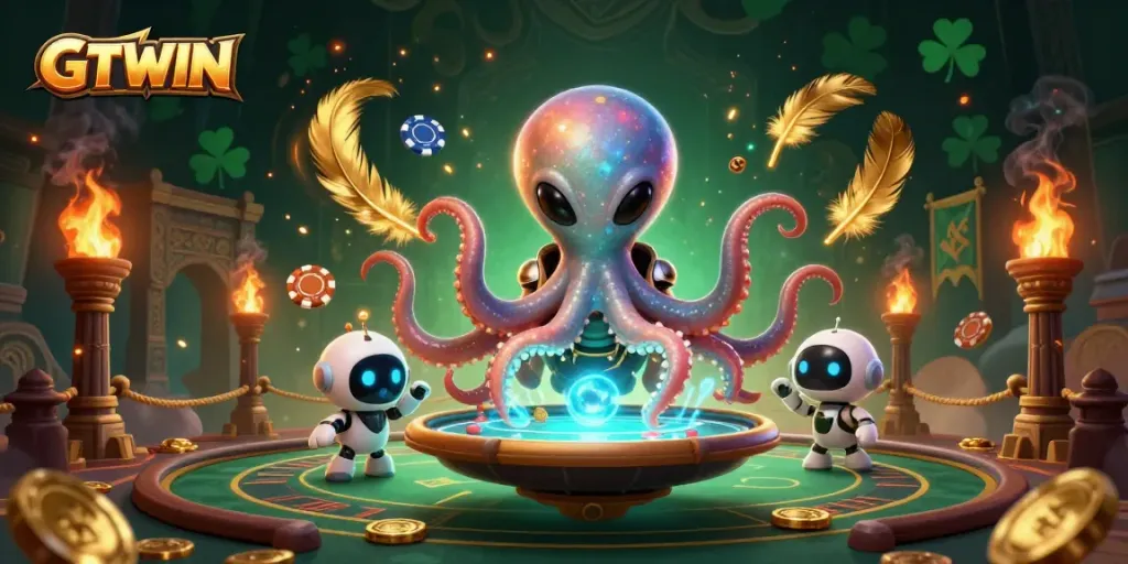 GTWIN alien octopus enjoys an energetic holographic poker game amidst swirling golden feathers and ember particles.