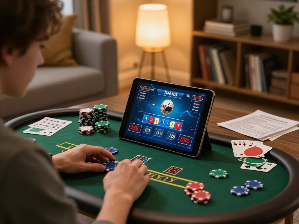 Player engaging in strategic blackjack gameplay on tablet, showcasing lc88's online gambling experience.