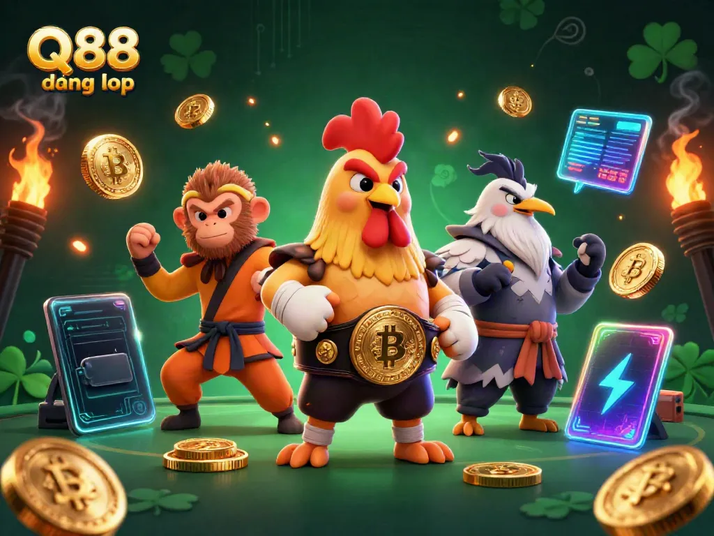 Engage with Q88 đăng nhập as cartoon characters bring casino excitement with neon crypto elements.