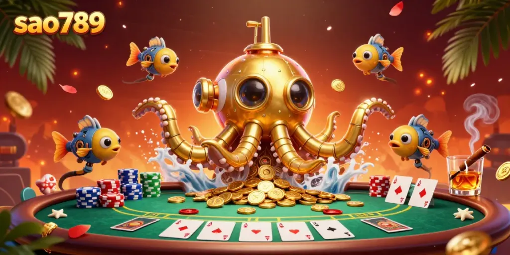Sao789 features a vibrant 3D scene with a golden kraken and mechanical fish amidst poker elements.