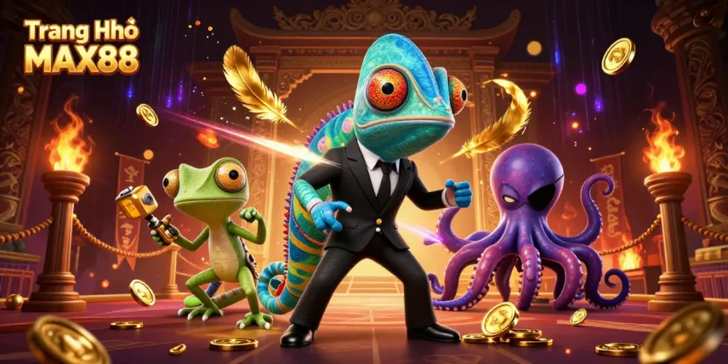 Experience the excitement of Trang Chủ MAX88 with dynamic 3D characters in a rich casino setting.
