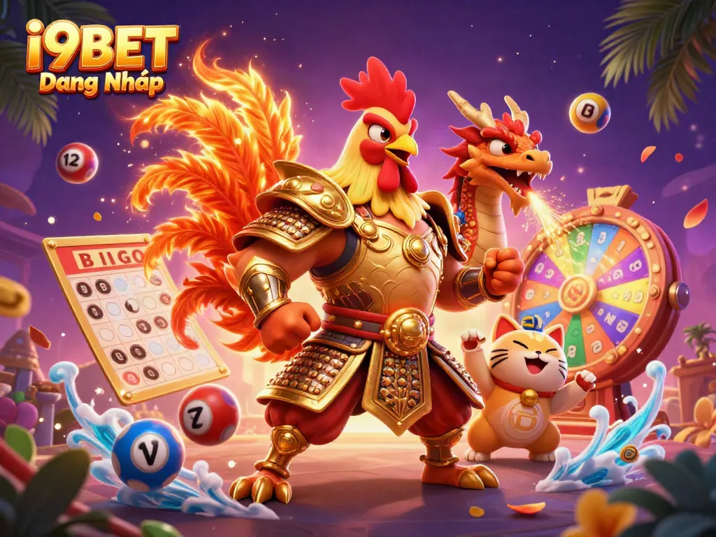 Experience the thrill of i9BET Đăng Nhập with a powerful rooster warrior, dragon, and vibrant casino elements.