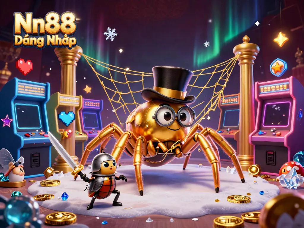 Engage with Nn88 Đăng Nhập's colorful casino world with a golden tarantula and knight illustrated in dynamic 3D.