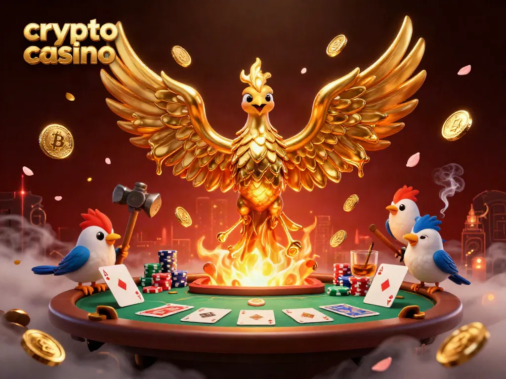 Engage in a crypto casino experience with a dazzling phoenix and poker elements in 3D art.