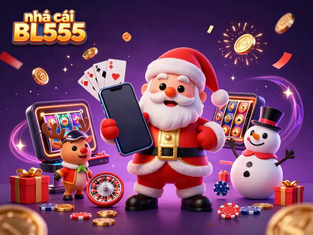 Engage with the festive atmosphere of nhà cái BL555 through a vibrant illustration of Santa, reindeer, and a snowman in a casino.