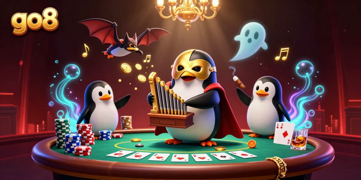 Engage with go8's vibrant casino atmosphere featuring a penguin organist and acrobatic bat.