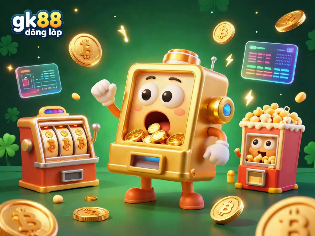 Experience the thrill of gk88 đăng nhập with a slot machine hitting a jackpot, surrounded by glowing coins and a vibrant atmosphere.