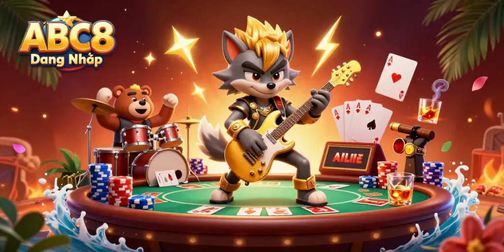 Experience ABC8 Đăng Nhập with an exhilarating casino rock star scene featuring poker and vibrant game elements.
