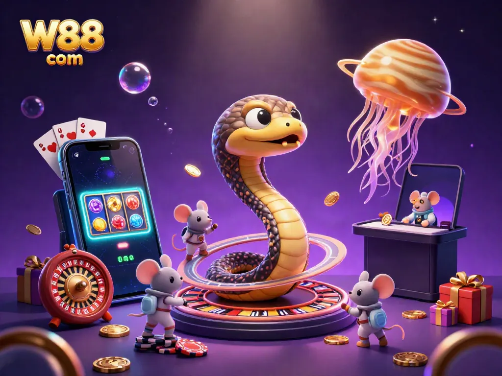 Engaging scene of casino gaming fun at W88 com with dynamic characters and colorful slot elements