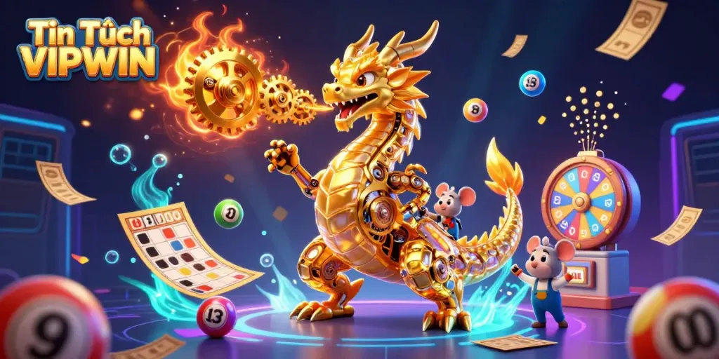 Experience the excitement of gambling with Tin Tức VIPWIN, featuring a golden dragon amidst vibrant lottery elements.