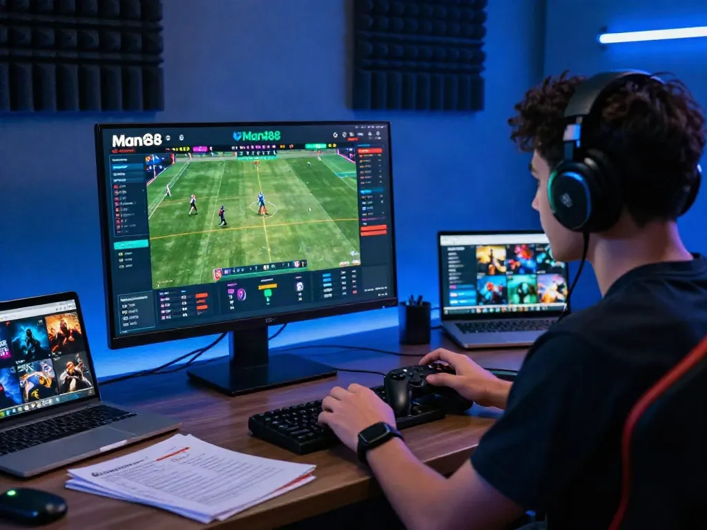 Engaged player enjoying sports betting via https://man88.hair/ in a modern gaming room.