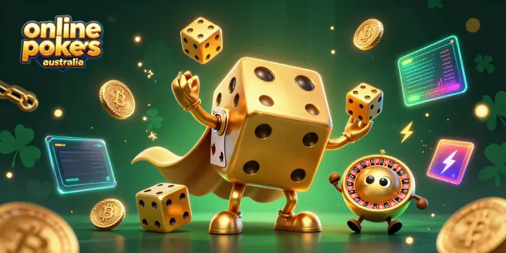 Engage with the exciting world of online pokies Australia through a vibrant 3D scene of gold dice and crypto elements.