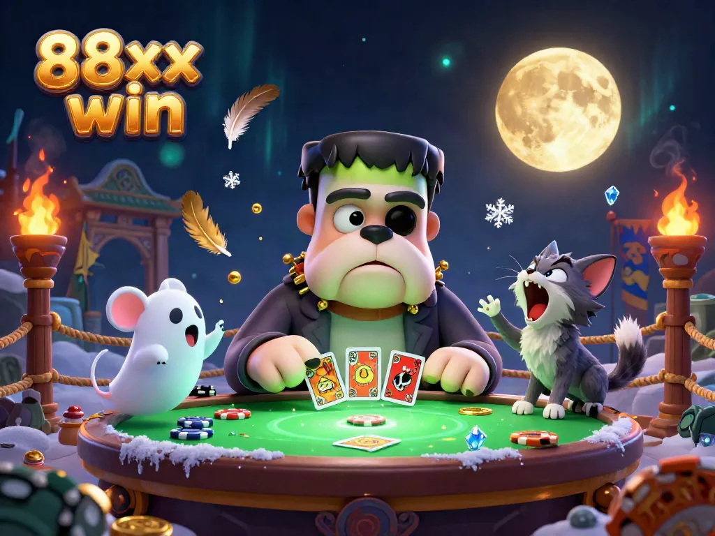Experience the thrill of 88xx win with a thrilling game scene featuring a Frankenstein bulldog dealer amidst gold coins and charming characters.