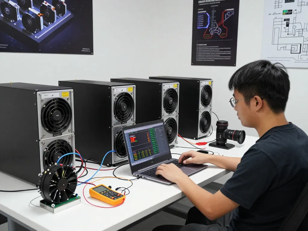 Técnico otimizando as configurações de firmware da VNISH para mineradores de criptomoedas em https://vnish.net.br/ em uma sala de mineração profissional.