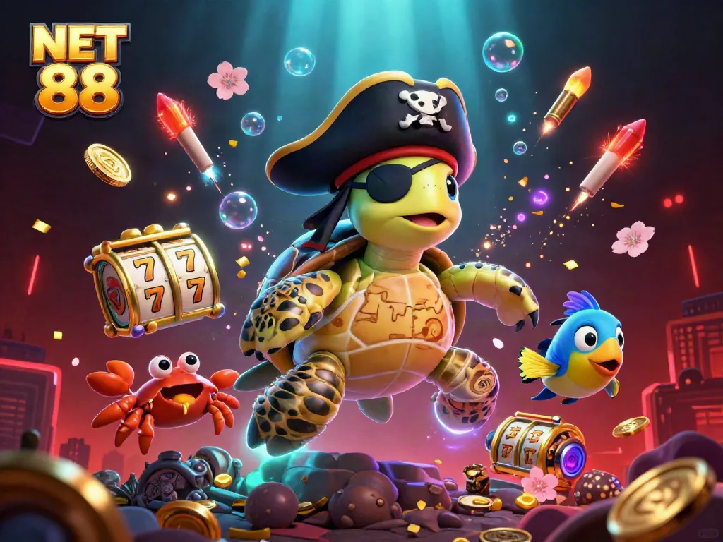 Engage in the thrill of NET 88 with a lively illustration featuring a cartoon turtle, crab, and parrotfish amid slot machines and treasure.