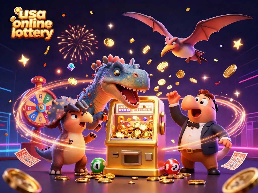 Win big with usa online lottery featuring a vivid 3D scene showcasing lottery excitement and action.
