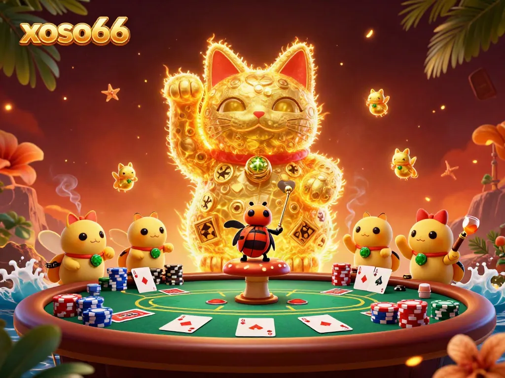 Engage with xoso66's excitement in a vibrant casino scene featuring a lucky cat made of fireflies.