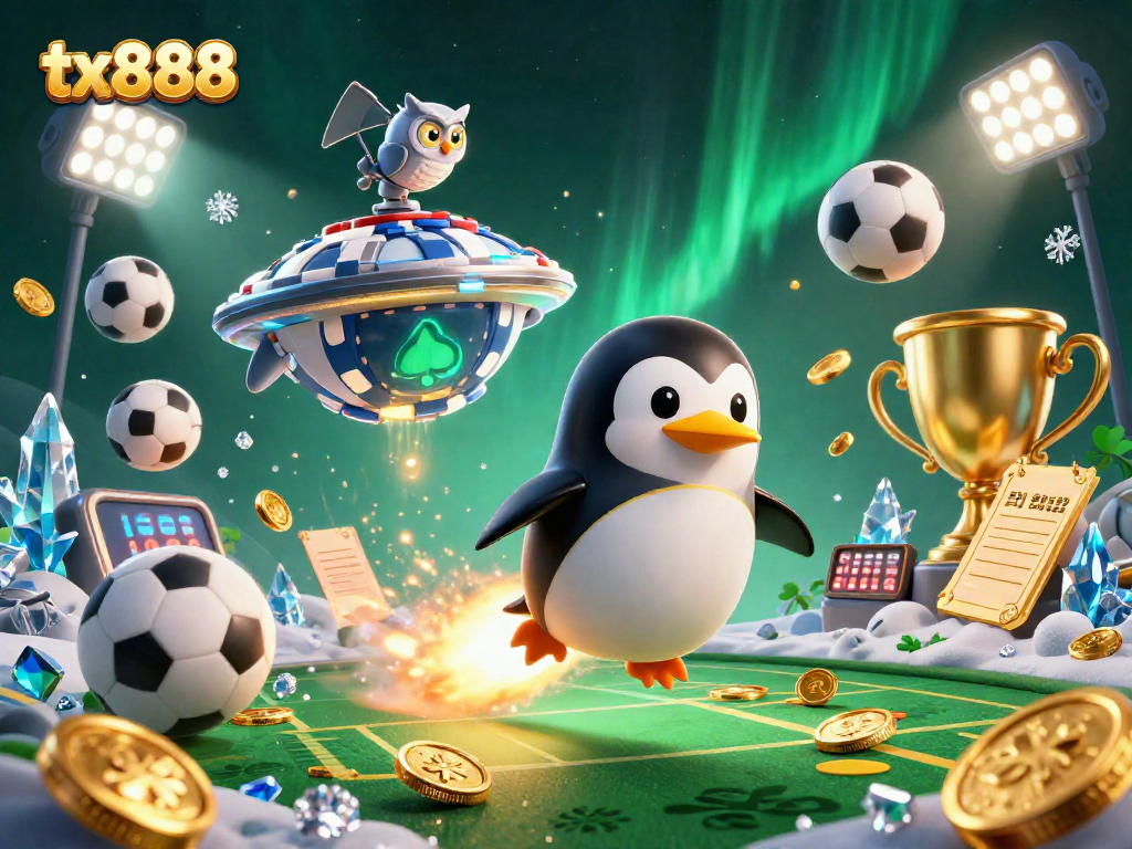 Experience the thrill of tx888 with a golden penguin amidst flying sports elements in a cosmic casino scene.