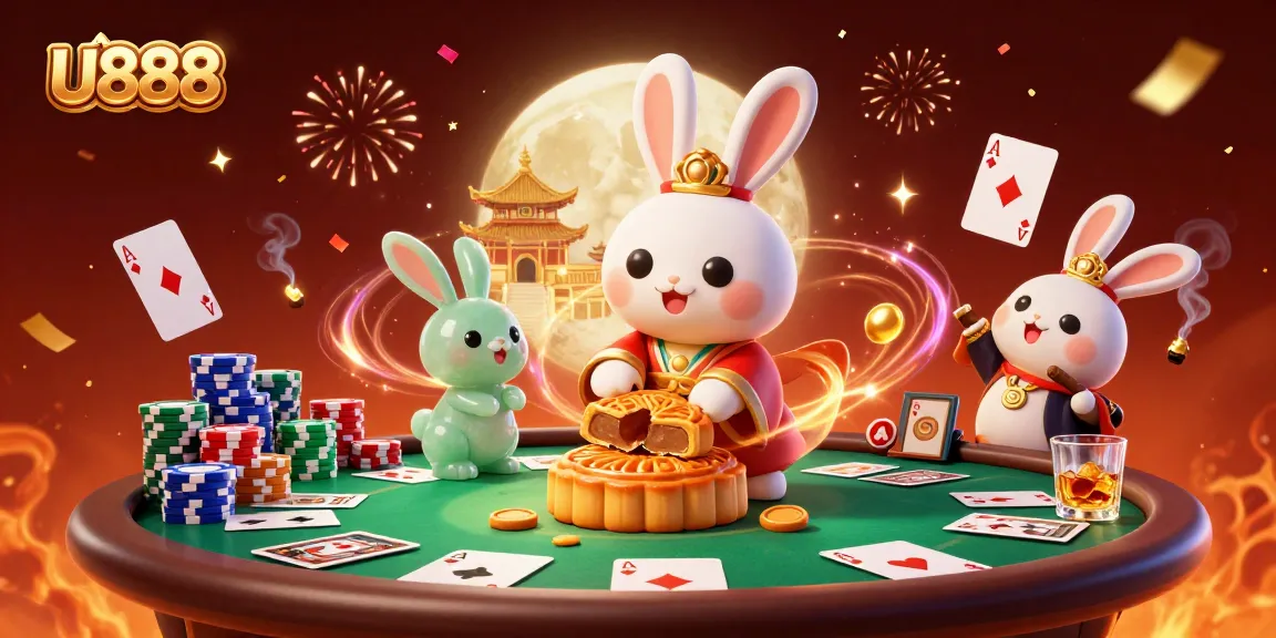 Join the excitement at U888 with a whimsical illustration of a moon rabbit orchestrating a casino scene.