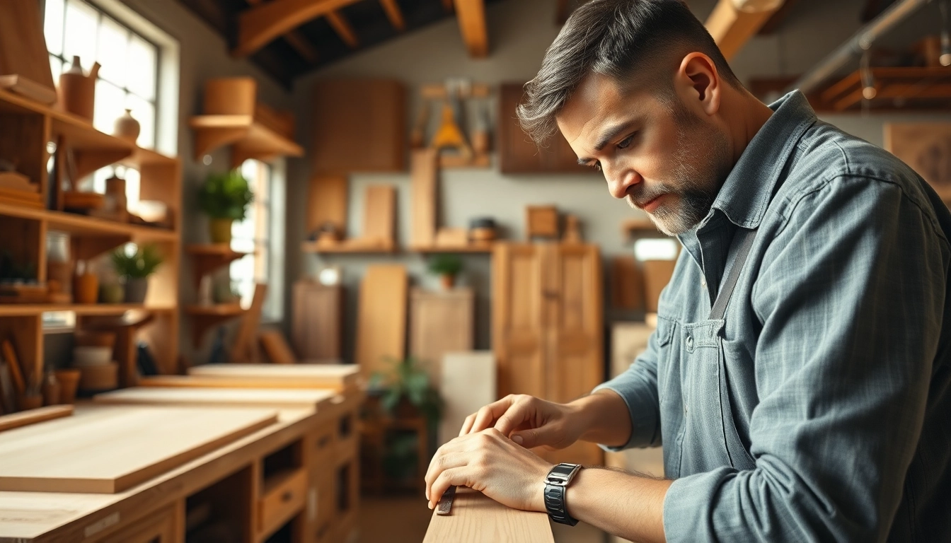 Artisan cabinet maker measuring wood in a bright workshop filled with handcrafted designs.
