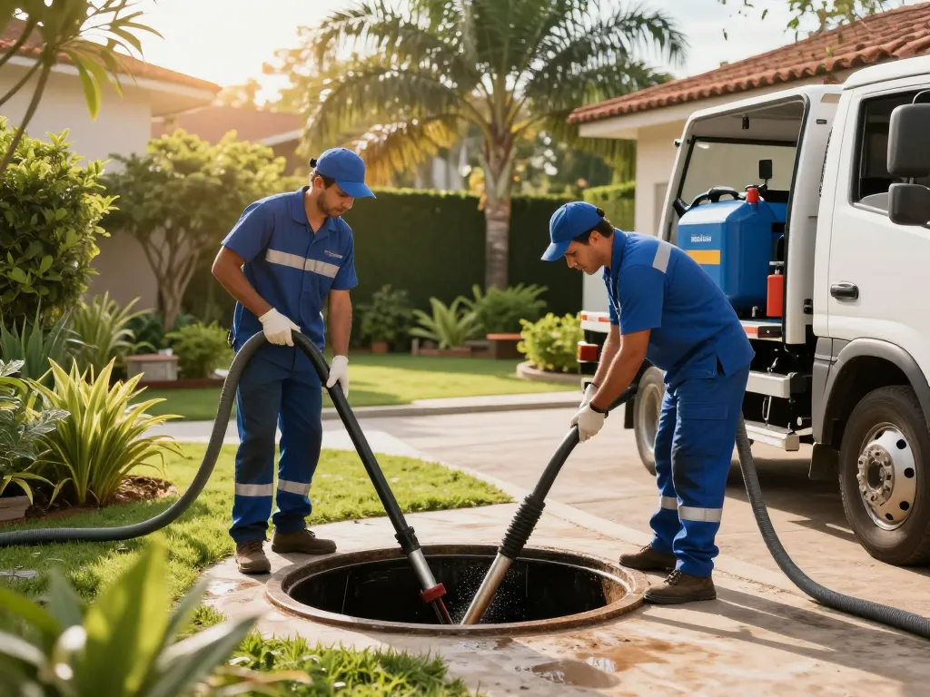 Limpa fossa em São Paulo - Professional septic tank maintenance team using advanced equipment in a clean residential garden.