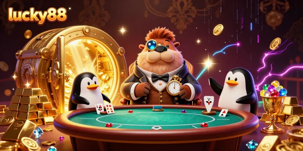 Experience thrilling gameplay at lucky88 with an underwater poker scene featuring unique characters and dazzling treasures.
