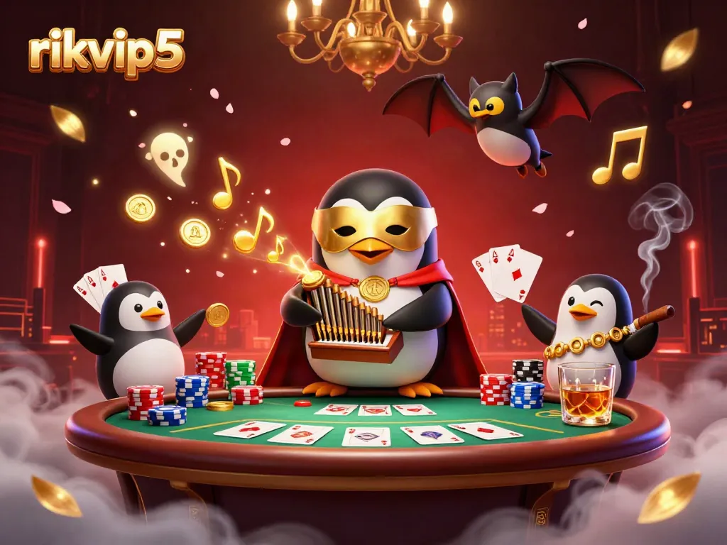 Experience the thrill of rikvip5 with a vibrant casino scene featuring a phantom penguin and golden coins.