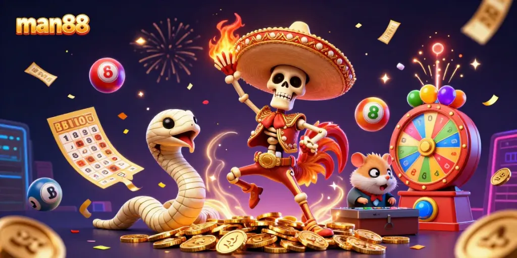 Join the excitement at man88 with colorful lottery games featuring vibrant characters and dynamic casino elements.