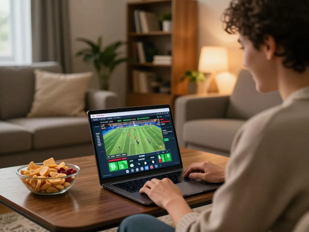 Socolive website displayed on laptop with individual placing online sports bets in cozy living room.