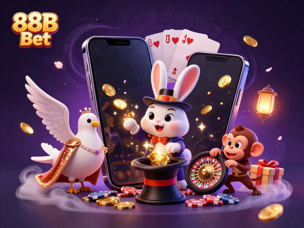 Experience the excitement of 88B Bet with a cartoon magician and friends surrounded by slots and poker elements.