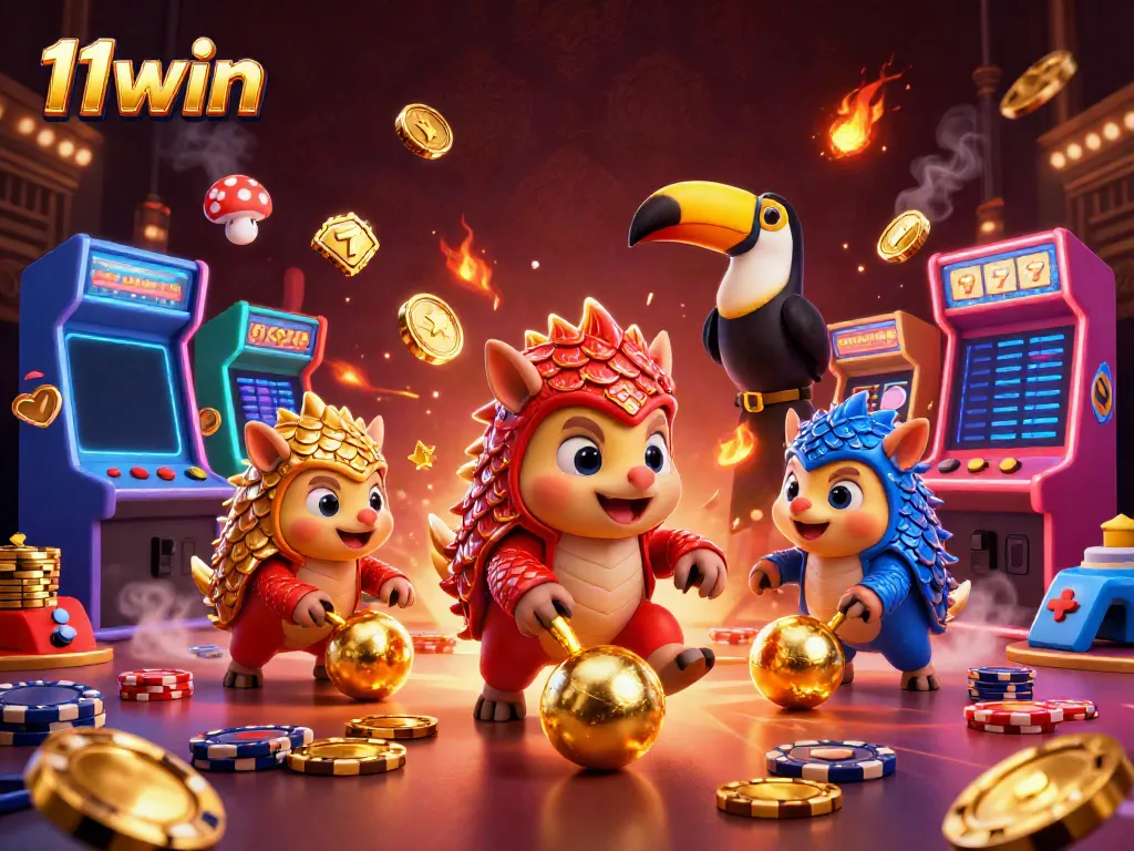 Experience thrilling gameplay with 11win's vibrant pangolin characters bowling golden balls through poker chips.