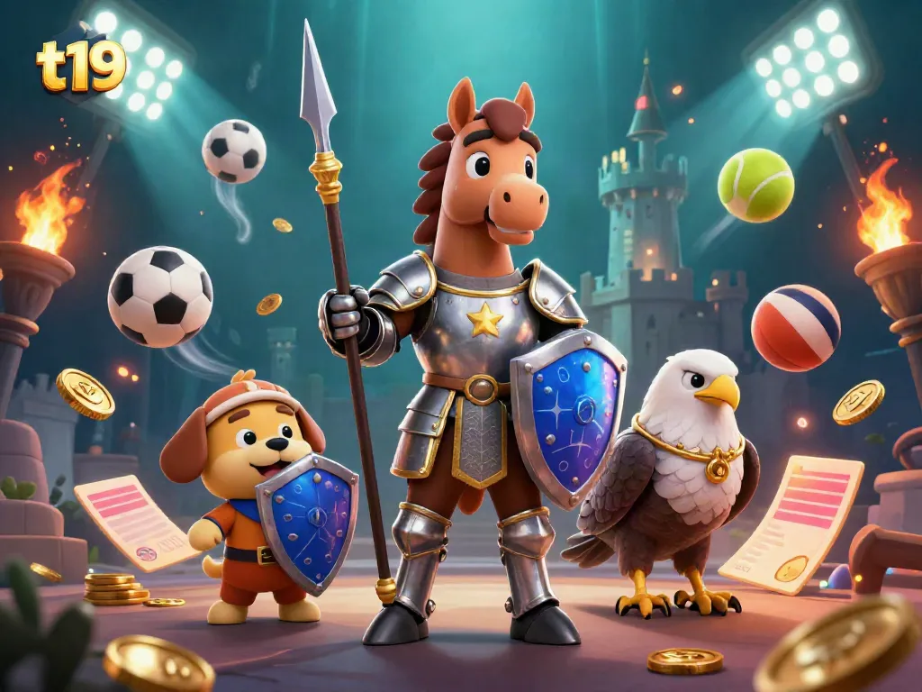 Experience the rich gaming world of t19, featuring vibrant casino elements like sports balls and gold coins.