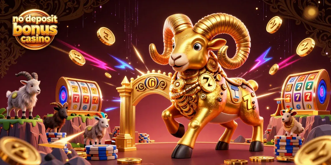 No deposit bonus casino scene with a golden ram charging through a dynamic casino illustration.
