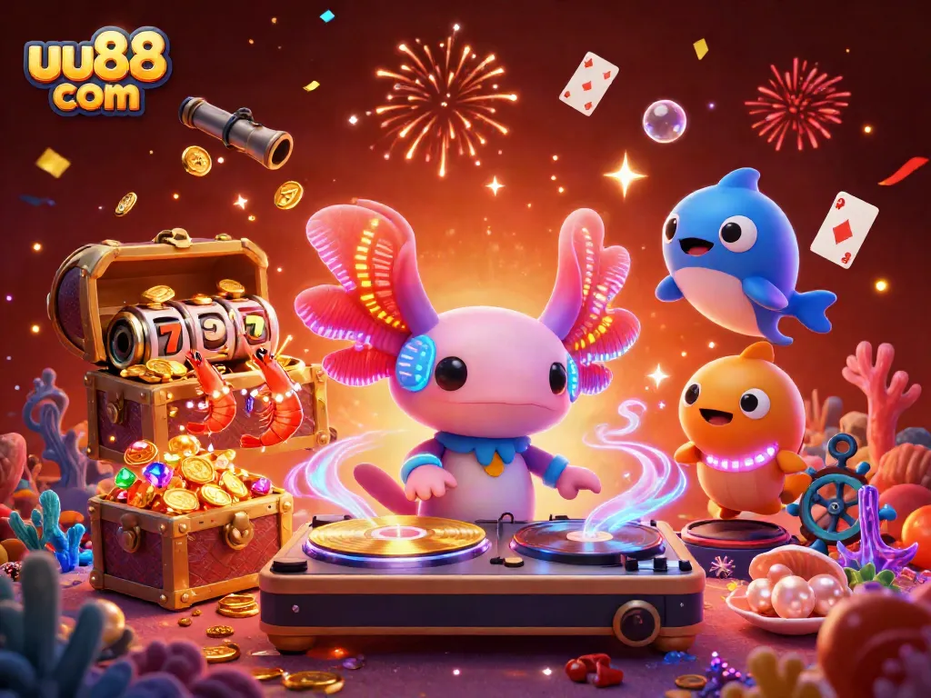 Engage in thrilling casino action with uu88 com in a vibrant underwater scene featuring a DJ, shrimp dancers, and treasure.