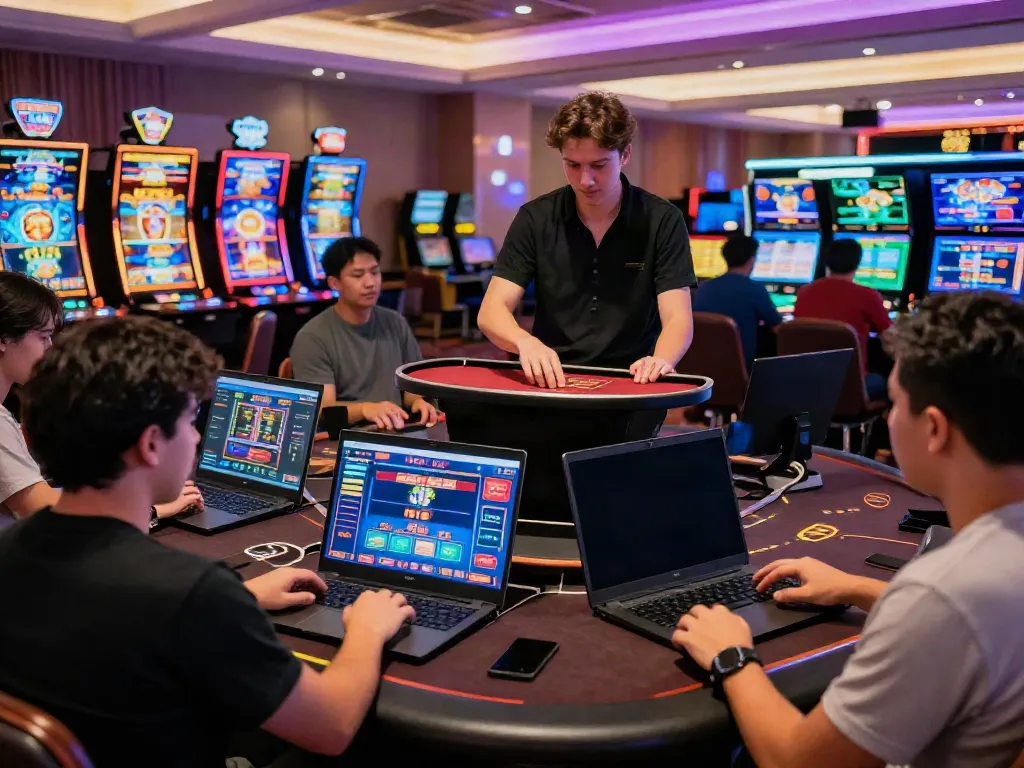 Online gaming scene at https://fc88v1.com/ showcasing players interacting with casino games on various devices in a vibrant digital environment.