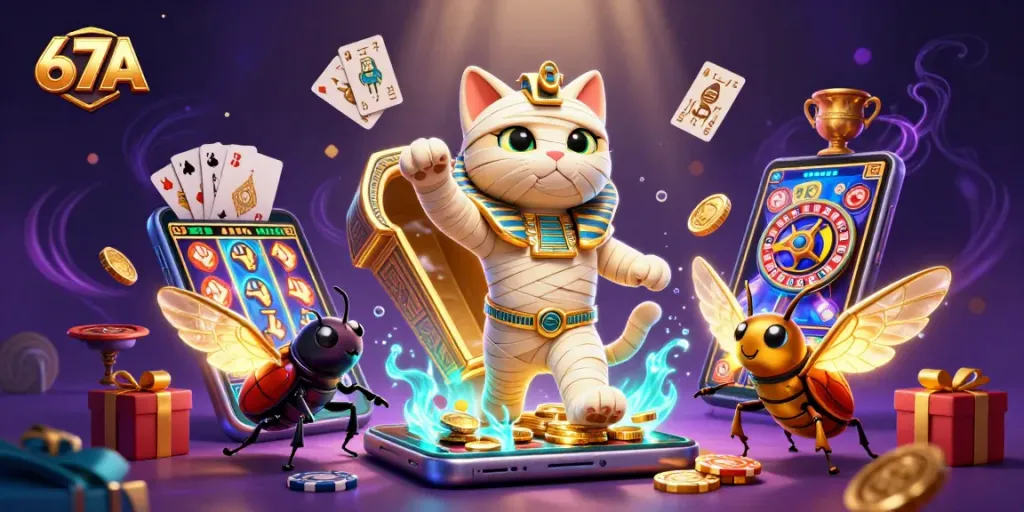 Engage in the thrilling 67A slot game featuring a mummy cat and scarab in a vibrant casino