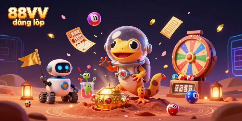 Experience excitement with 88VV đăng nhập, featuring vibrant lottery balls and a Martian gecko in a lively casino.
