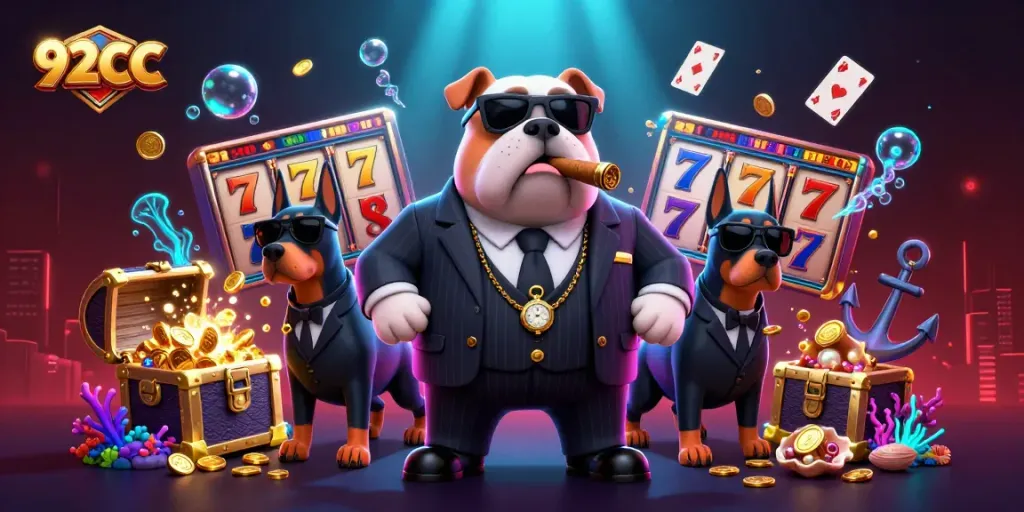Experience thrilling gaming action with 92CC in this vibrant casino-themed illustration.